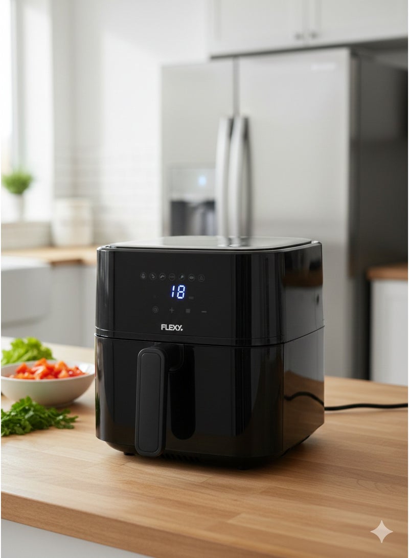 فليكسي مقلاة هوائية رقمية فليكسي سعة 5 لترات، 1500 واط، 7 وظائف في جهاز واحد، تسخين بزاوية 360 درجة، طهي بدون زيت، لوحة تحكم تعمل باللمس، إعدادات مسبقة، نافذة عرض، موفرة للطاقة، ضمان لمدة عامين - Image 2